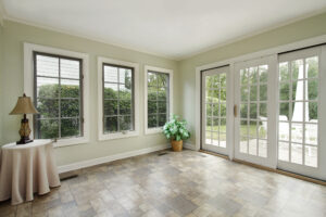 White-framed patio doors in a beautiful home