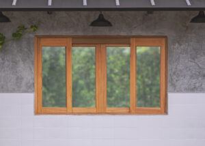 Sliding glass windows with wooden frames